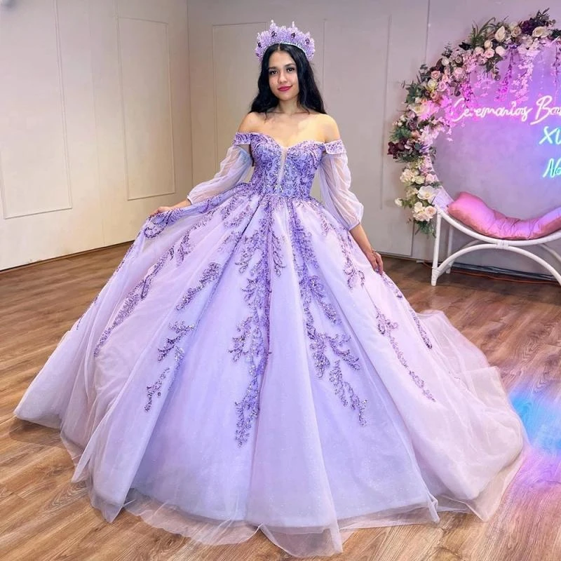 

Lilac Long Sleeve Beading Crystal Ball Gown Quinceanera Dresses Off The Shoulder Sequined Appliques Corset Vestidos De 15 Años