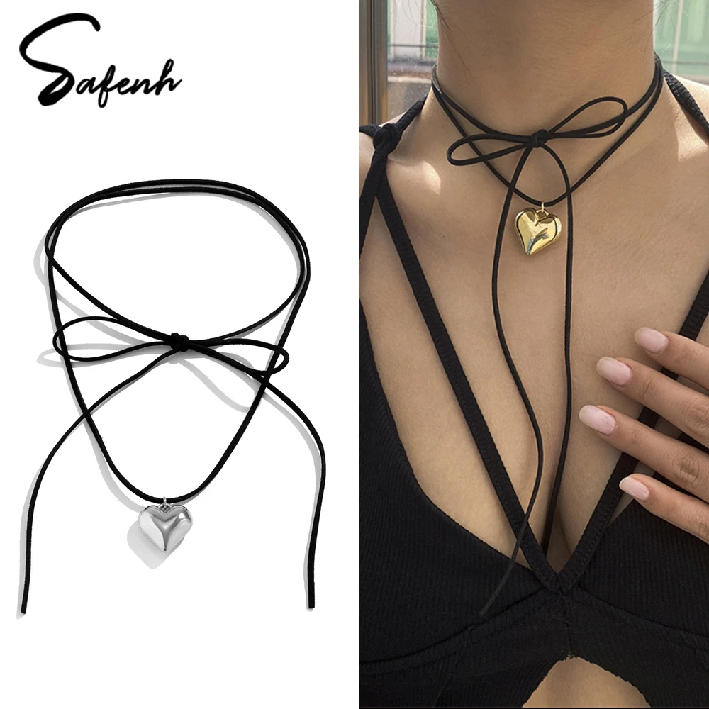 

1Pcs Diy Jewelry Goth Black Velvet 25mm Heart Pendant Choker Necklace For Women Weave Knotted Bowknot Adjustable Chain Jewelry