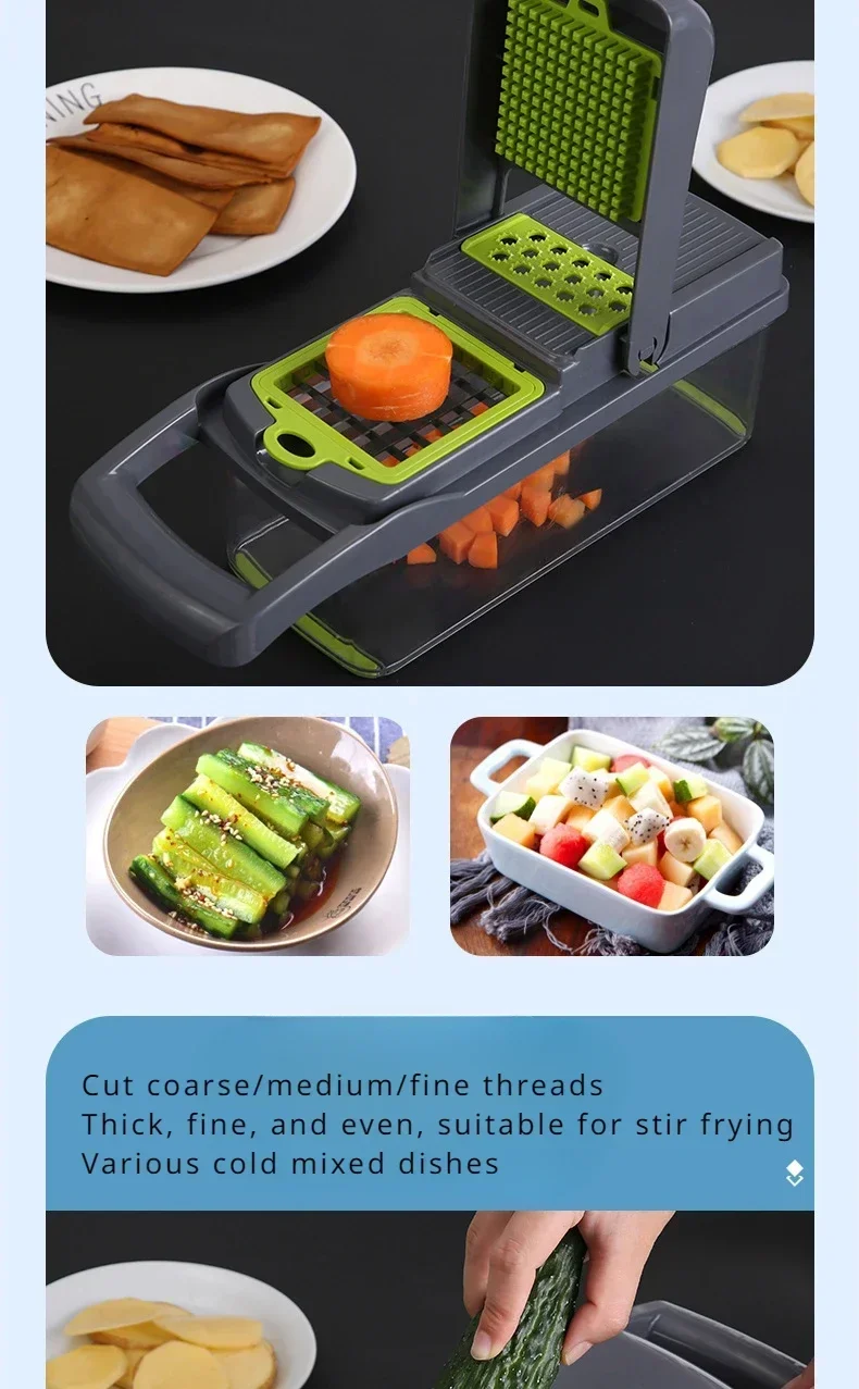 1Pc Green Black 14 in 1 Multifunctional Vegetable Slicer Cutter Shredders Slicer with Basket Fruit Potato Chopper Carrot Grater