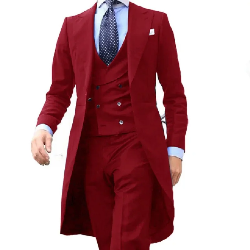 New Arrivel Long Coat Designs Burgundy Men Suit Gentle Mens Tuxedo Prom Blazer Custom 3 Pieces (Jacket+vest+Pants)