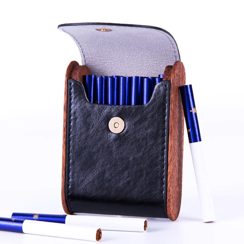 cigarette shirt holder Solid Wood Vintage Leather Cigarette Case Tobacco Holder Storage Box  Smoking Accessories Dad Men Gift