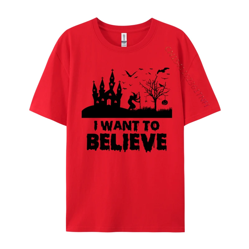 Custom Personalized T-Shirt Discount Father Day Short Sleeve Crewneck Tops Tees 100% Cotton Men Printed On Tees Funny Halloween Tees I Want To Believe red