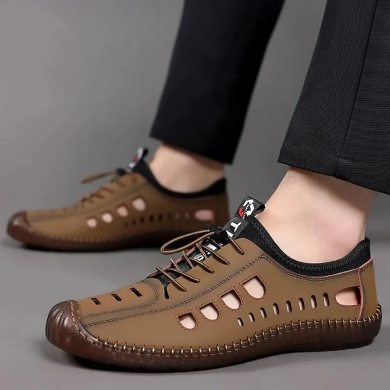 Men's Soft Leather Sandals Breathable Hollow Out Non-slip Cow Tendon Sole Casual Business Leather Shoes Outdoor Beach Shoes