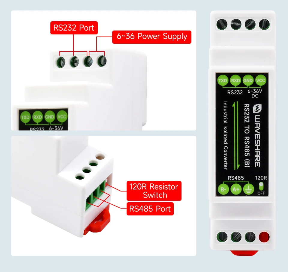 Rail-Mount RS232 To RS485 Converter With Digital Isolation - 600W Lightning Proof Serial Adapter
