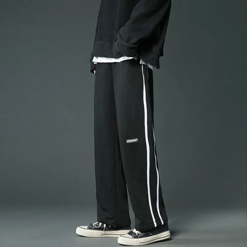 Korean Fashion Men Clothing Straight Sweatpants Spring Autumn Streetwear Casual Versatile Elastic Waist Loose Striped Trousers