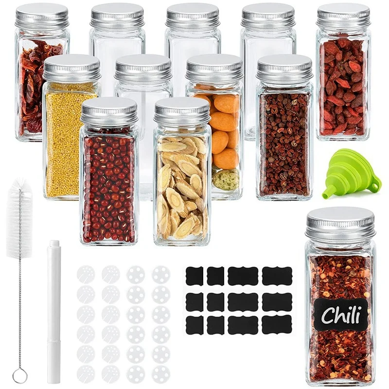 

HOT SALE Spice Jars Set With Lids - 12 Spice Shakers - 120 Ml Square Glass Spice Container For Storing Spices