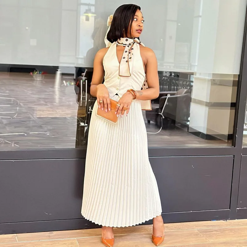Women's 2024 summer new fashion halter waistcoat sleeveless blouse pleated skirt suit