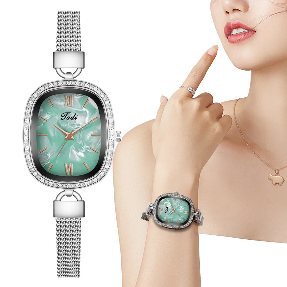 

Women's Fashion Luxury Watches Qualities Green Ladies Quartz Wristwatches Simple Rectangle Woman Stainless Steel Mesh Belt Clock