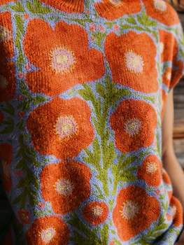 Women's Retro Poppy Flower Jacquard Knit Top, Casual Loose Short Sleeve Round Neck Knitted Blouse, Boho Floral Print Pullover Sweater Vest for Spring Summer Fall 4