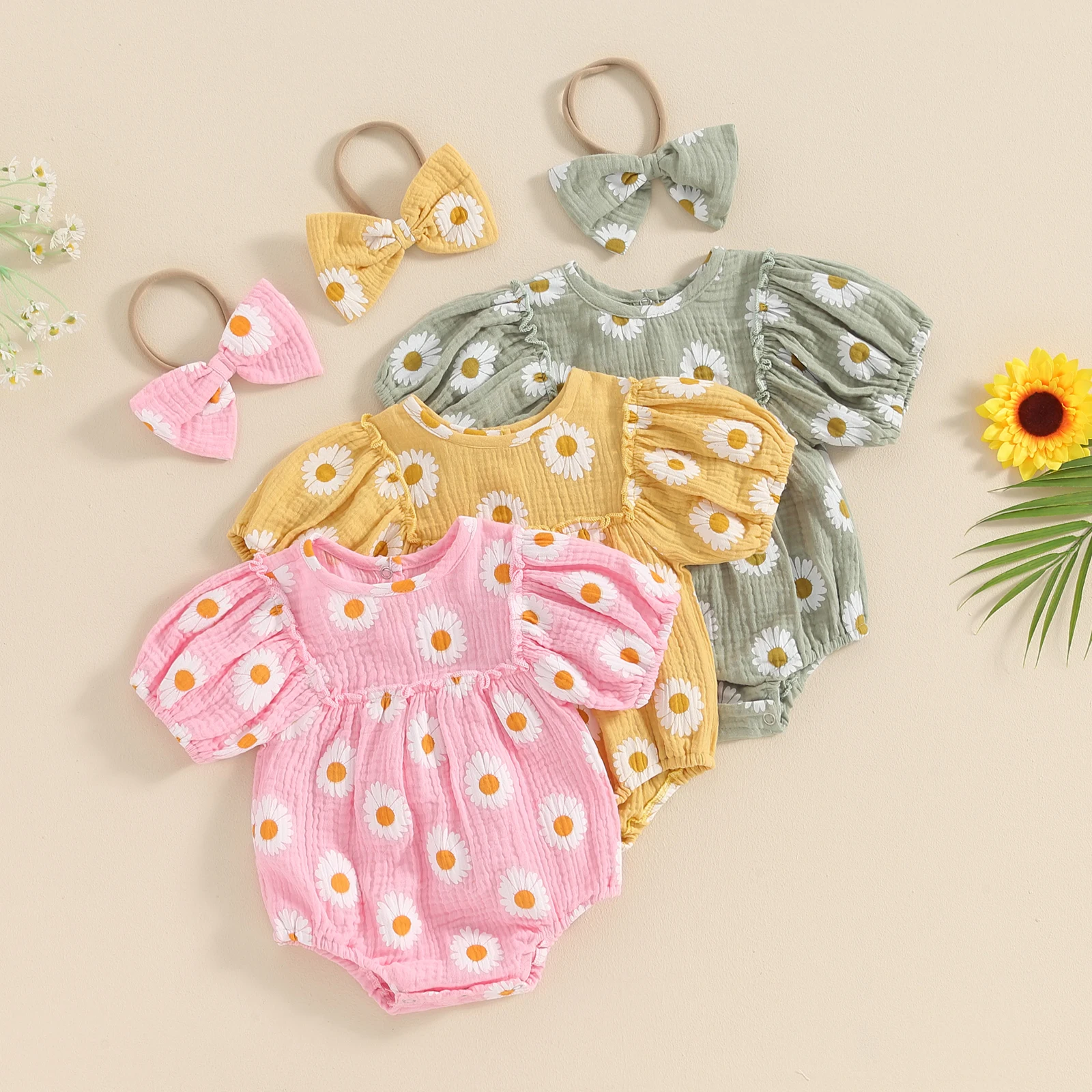 FOCUSNORM018MLovelyBabyGirlsSummerRompers2pcsSunflowersPrint