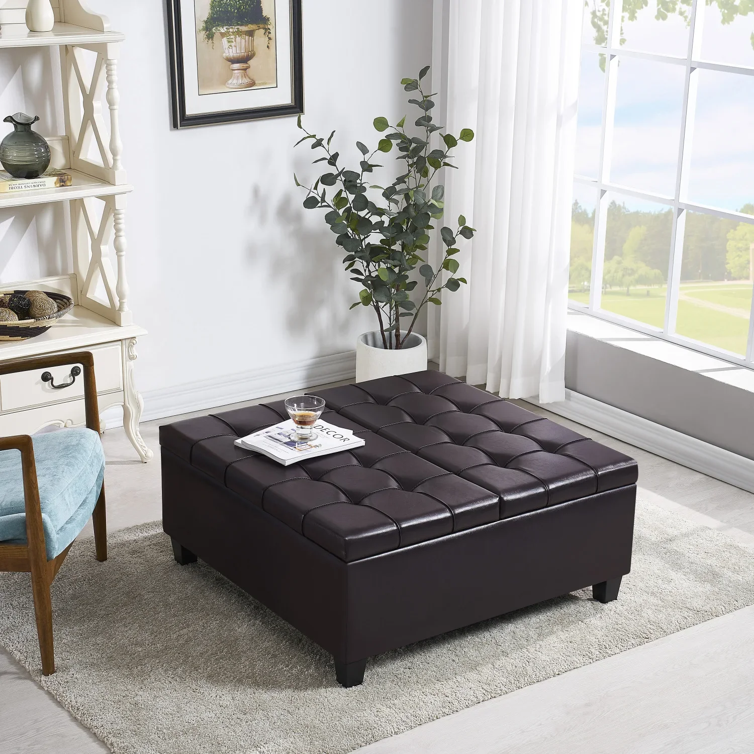 

Large Square Faux Leather Storage Ottoman | Coffee table for Living Room & Bedroom (Dark Brown) makeup