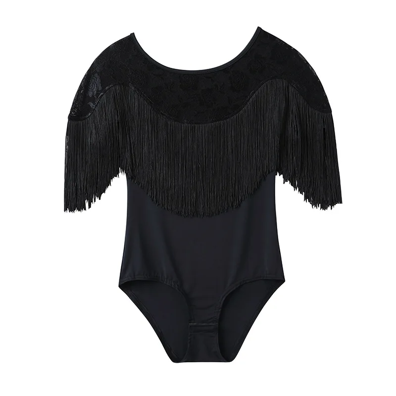 Modern Latin dance dress Ladies dancing shirt Black fringe Latin Dance tops Lace dance jumpsuit Square performance cloths dance dress,dance shirts
