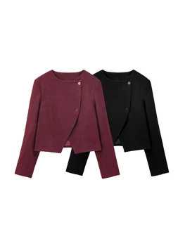 Manteau court à Double boutonnage pour femmes, col rond, manches longues, vêtements d'extérieur pour femmes, hauts chics, à la mode