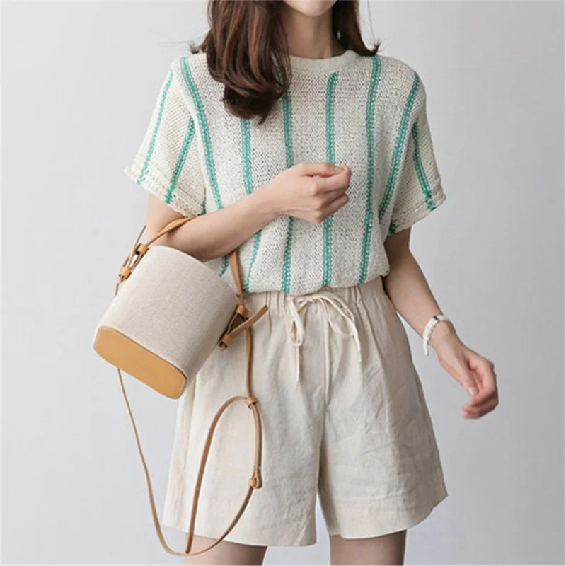 

Футболка женская трикотажная в полоску, милая рубашка с графическим принтом, с коротким рукавом, с круглым вырезом, офисная одежда, на лето