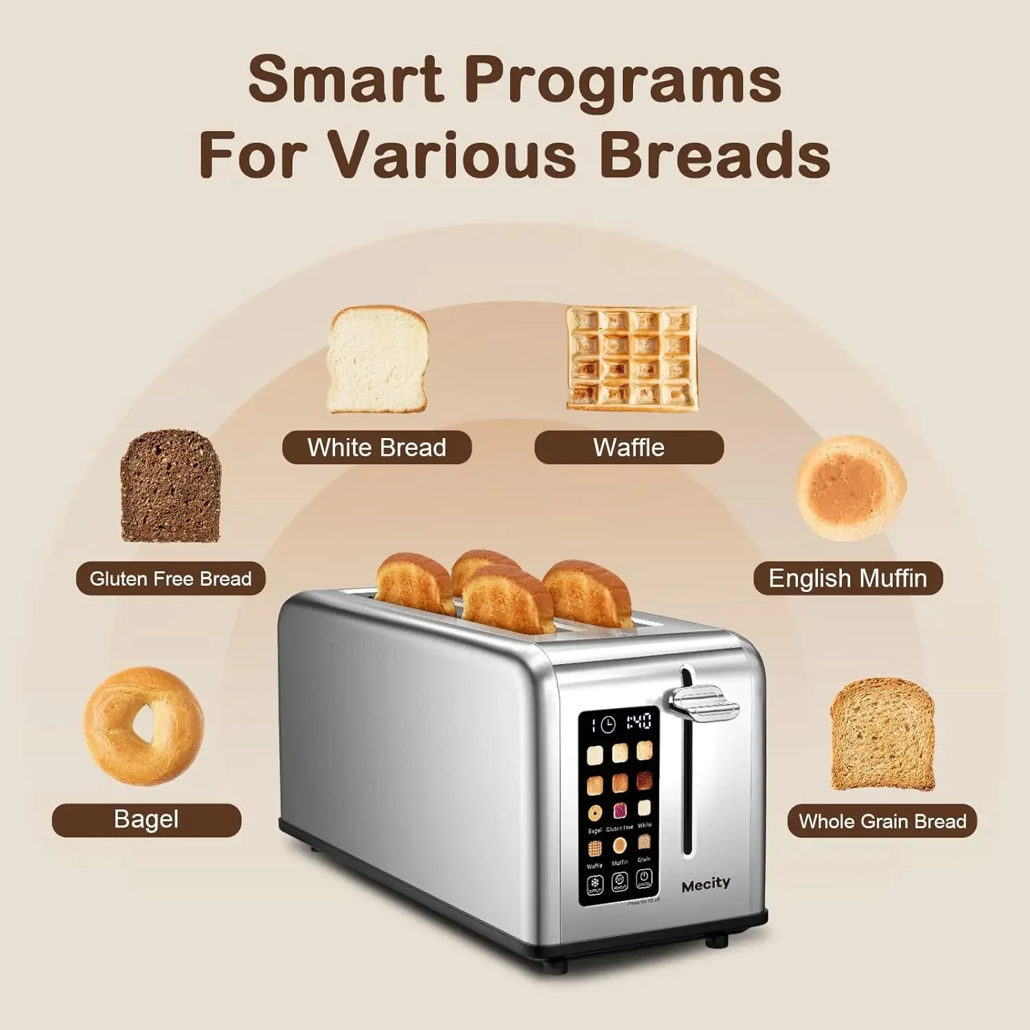 4 Slice Toaster Touch Screen 1.5" Long Slot Stainless Steel Smart Bread Toaster for Bagel Muffin Waffle Gluten Free Breads Timer 3