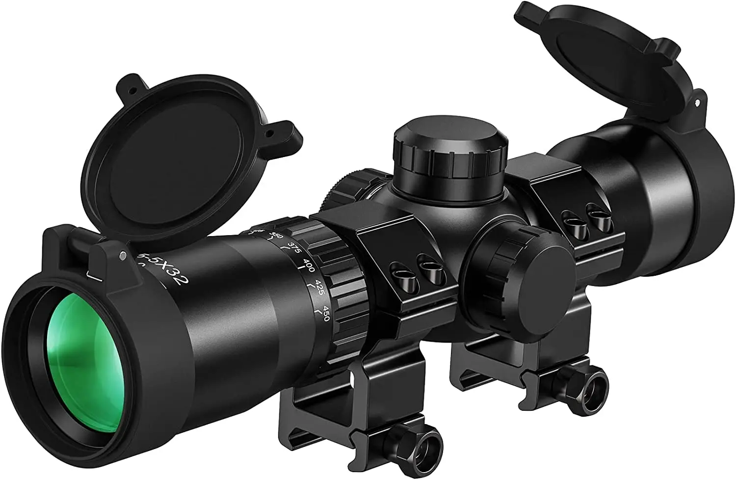 

Rifle 1.5-5x32 Optical Telescope Crossbow Scope 20-100 Yards Ballistic Reticle 300-450 FPS Red Green Illuminated Aluminum
