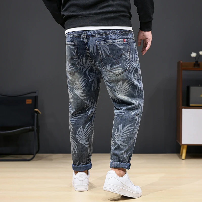8XL oversized jeans men's fashion leaf printed trendy casual stretch denim plus sizes loose 150kg fat pants 4