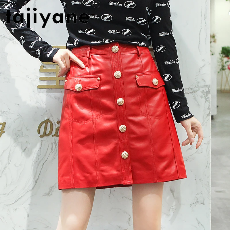 

Tajiyane Genuine Leather Red Skirt Women Sheepskin Chic Slim A-line Hip Skirt Fashion High Waist Versatile One Step Skirt FCY086