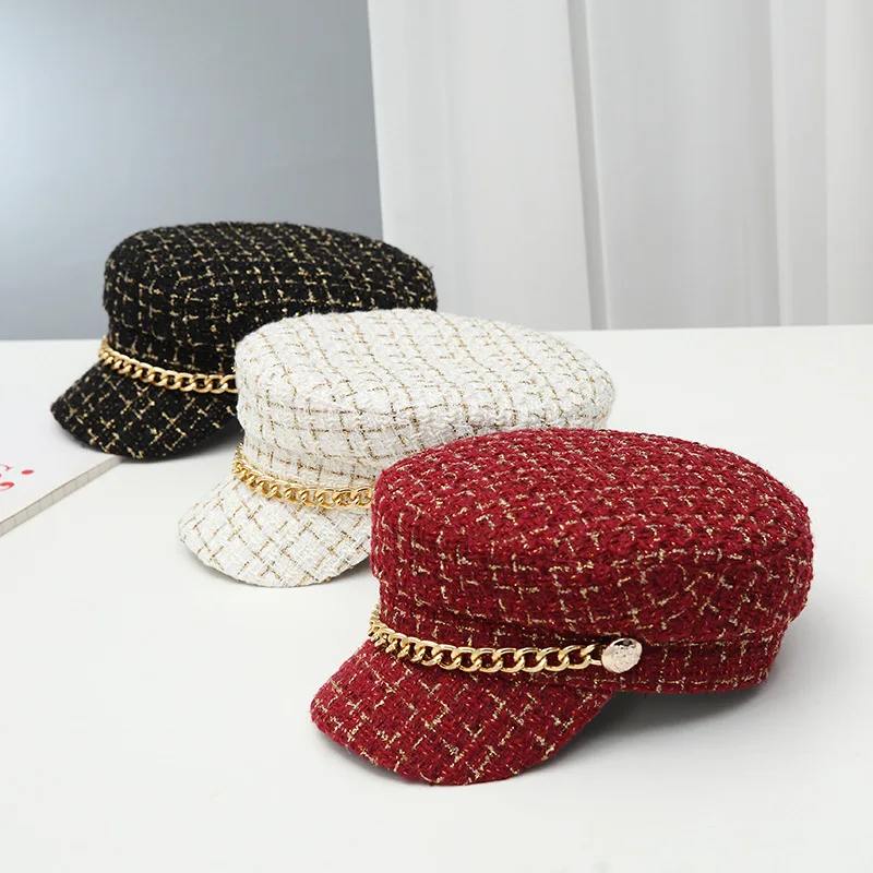 Luxury Tweed Design Golden Chain Decoration Army Military Caps Women Newsboy Cap Elegant Thick Plaid Salior Octogonal Hat