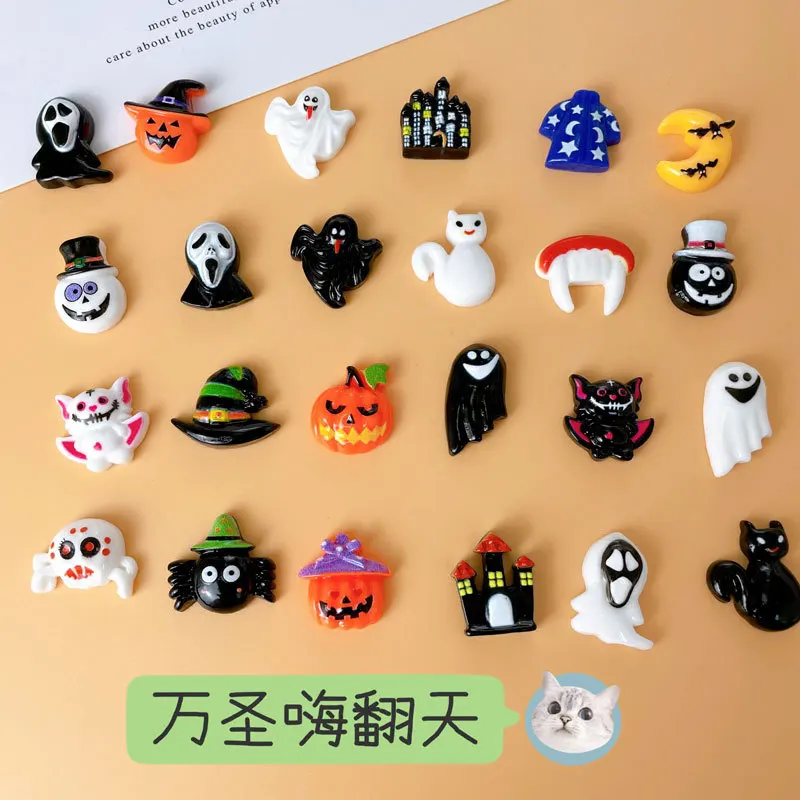 

50PCS Spooky Sparkle Resin Nail Art Decorations Halloween Witch Ghost Bat Nail Rhinestones Charms DIY Nail Professional Supplies