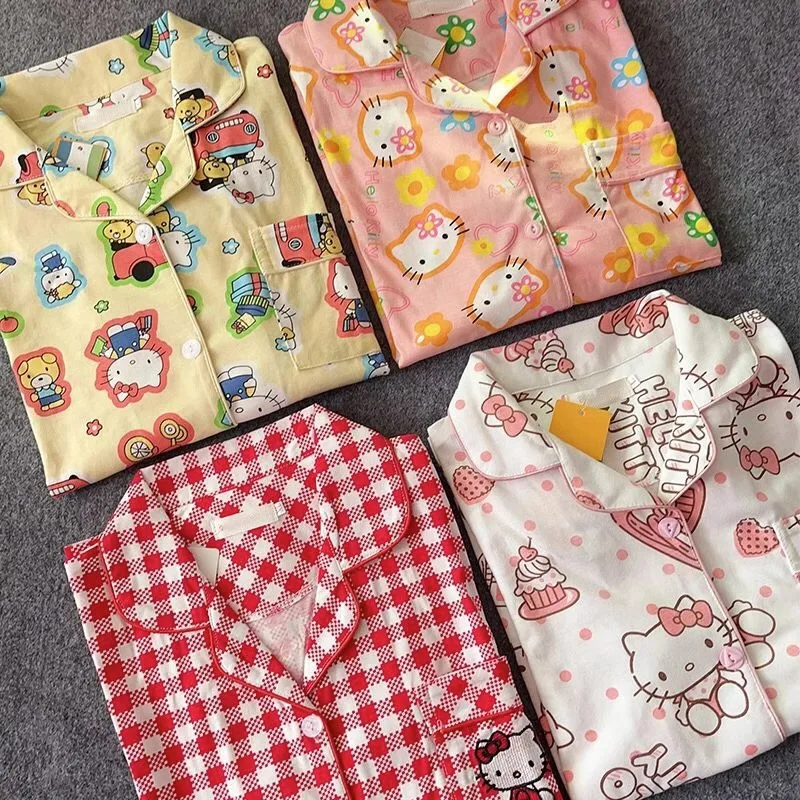 

Sanrio Anime Hello Kitty Pajamas Set Female Spring and Autumn 2023 New Cardigan Trousers Home Service Set Kawaii Birthday Gift