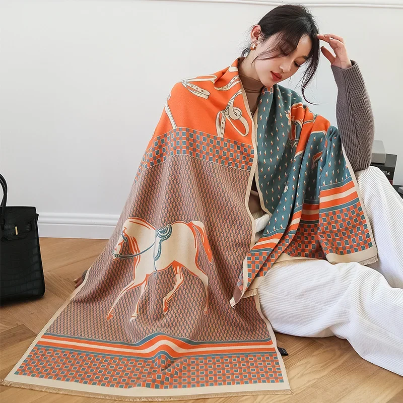 2024 Luxury Brand Wool Women Scarf Cashmere Stole Animal Horse Print Scarves Female Winter Warm Pashmina Blanket Wraps Hijab