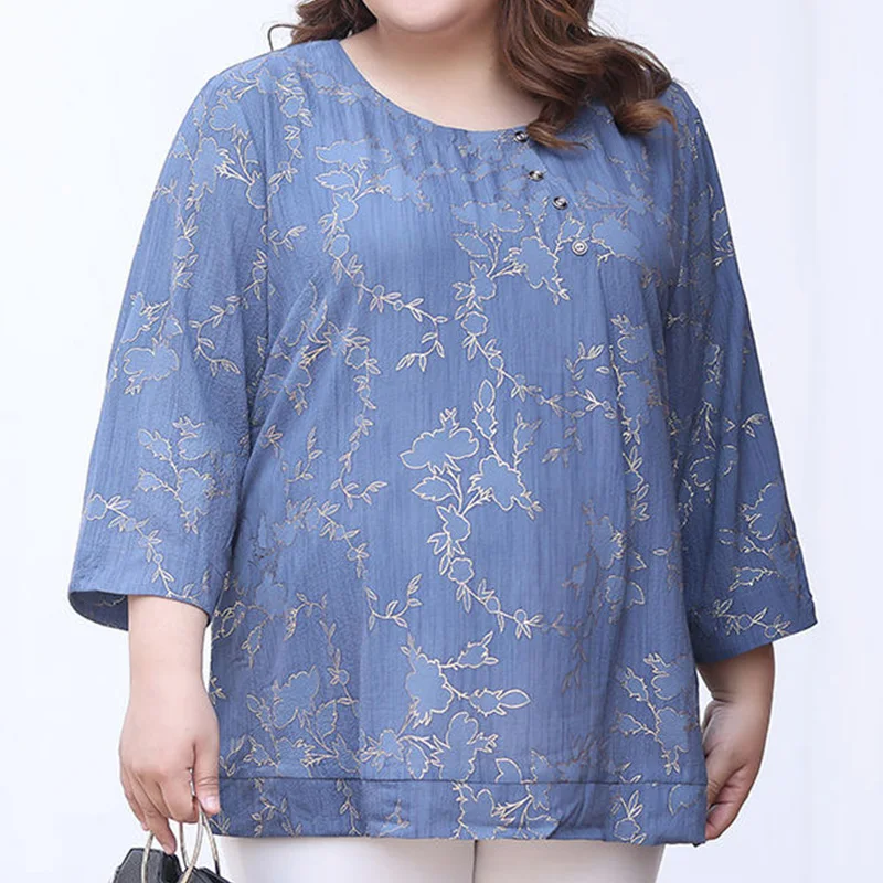 Casual Button Pullover Tops Spring Summer Crew Neck Bright Silk Floral Printing Three Quarter Sleeve Plus Size Chiffon T-Shirt