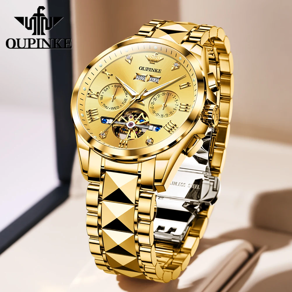 OUPINKE 3240 Automatic Watches For Men 44mm Big Dial 5Bar Waterproof Man Wristwatch Luxury Skeleton Flywheel Mechanical Watches