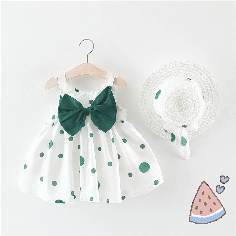 

Dot Bow Baby Dress Lovely Summer Infant Baby Girl Clothes Cute Dot Sleeveless Cotton Toddler Dresses+Sunhat Newborn Clothing Set