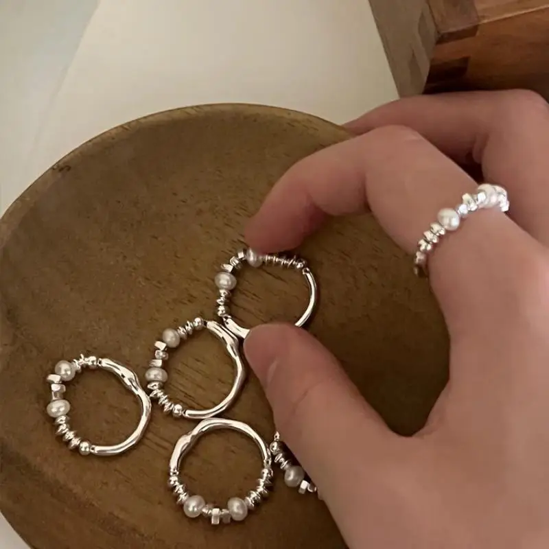 Silver Asymmetrical Beads Pearl Elastic Cord Rings For Women Girl Luxury Korean Fashion Jewelry Gift Party