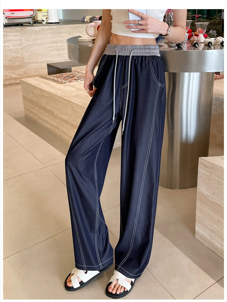 Description Picture 3 of item2025 New Spring Summer Vintage Patchwork Women's Wide Leg Full Pants High Waist Lace-up Female Elegant Straight Loose Trousers