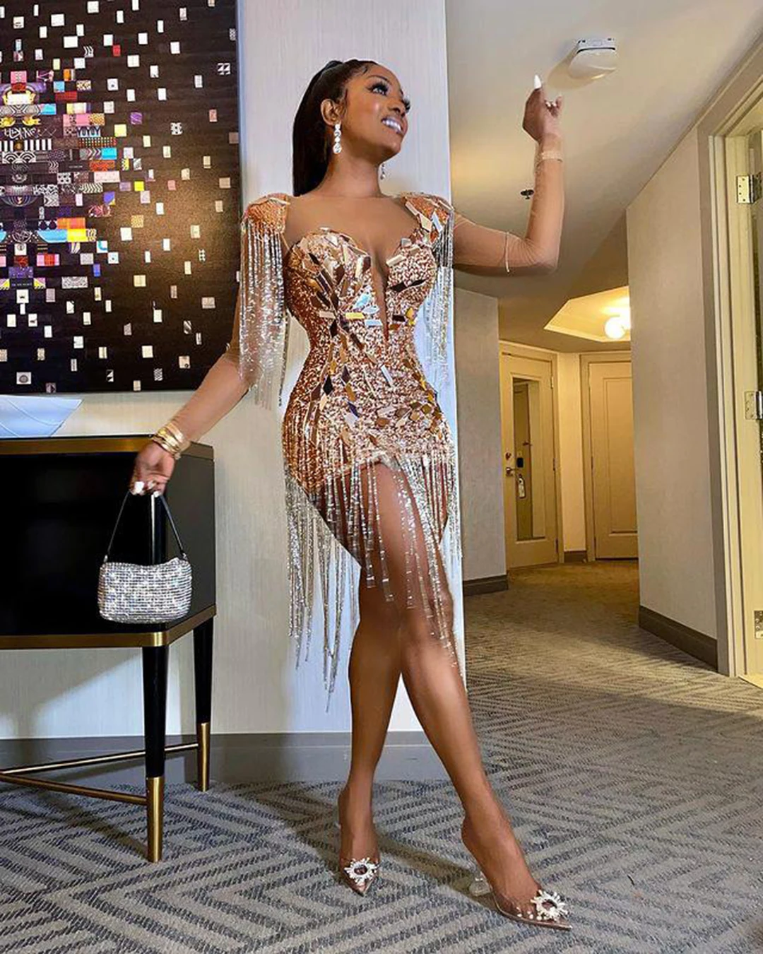 

Sparkly Silver Celebrity Dresses Short Cocktail Prom Dress 2022 African Aso Ebi Tassel Birthday Gowns Mini Homecoming Gown