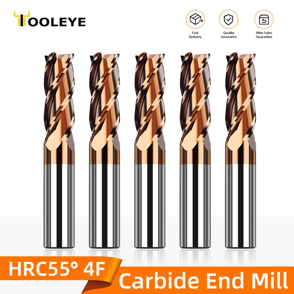 Tooleye HRC55 CNC Milling Cutter Carbide End Mill 4 Flutes Machine Cutter Tools For Metal 3 5 6 8 Shank Tungsten Steel endmills milling cutter