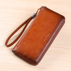 Men's Luxurious Long Leather Wallet - Soft Cowhide Handbag with Gradient Yellow Finish (Brown)