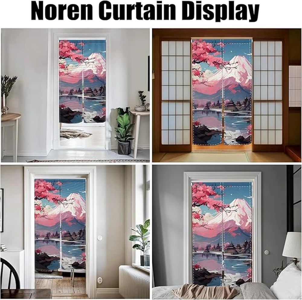 Japanese Door Curtain - Cherry Blossom Curtain With Kanagawa Wave Design | Linen Door Panel