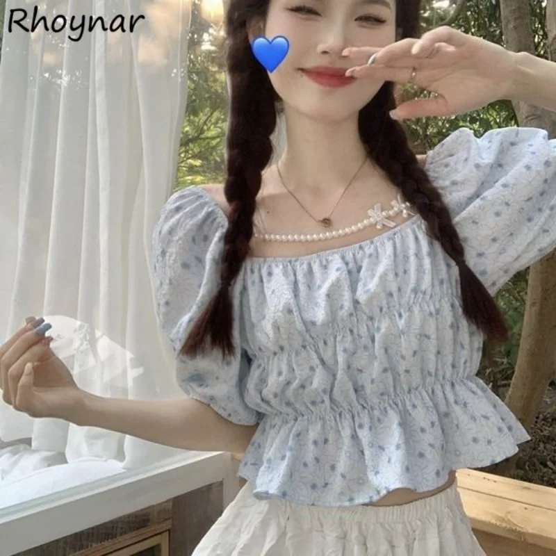 

Blue Print Blouses Women Sweet Beading Chic Designed Square Collar Slim French Style Graceful Streetwear Crop Tops Summer Trendy