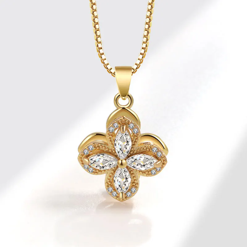 Women's Necklace Rotating Four Leaf Flower Jewelry New Zircon Earrings Pendant Ring Set 925 Silver Clavicular Chain Gift KOFSAC