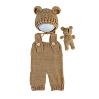 Vêtements de photographie pour nouveau-nés, barboteuse tissée à la main, pantalon, chapeau d'ours et poupées d'ours, accessoires de décoration, tenues de séance photo pour bébé, 3 pièces/ensembles 6