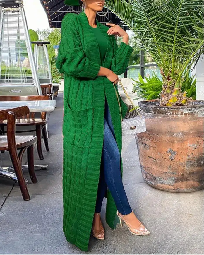 

New Top Selling Winter Solid Women's Casual Open Front Cable Knit Longline Cardigan Oversized Pocket Design Female Clothing