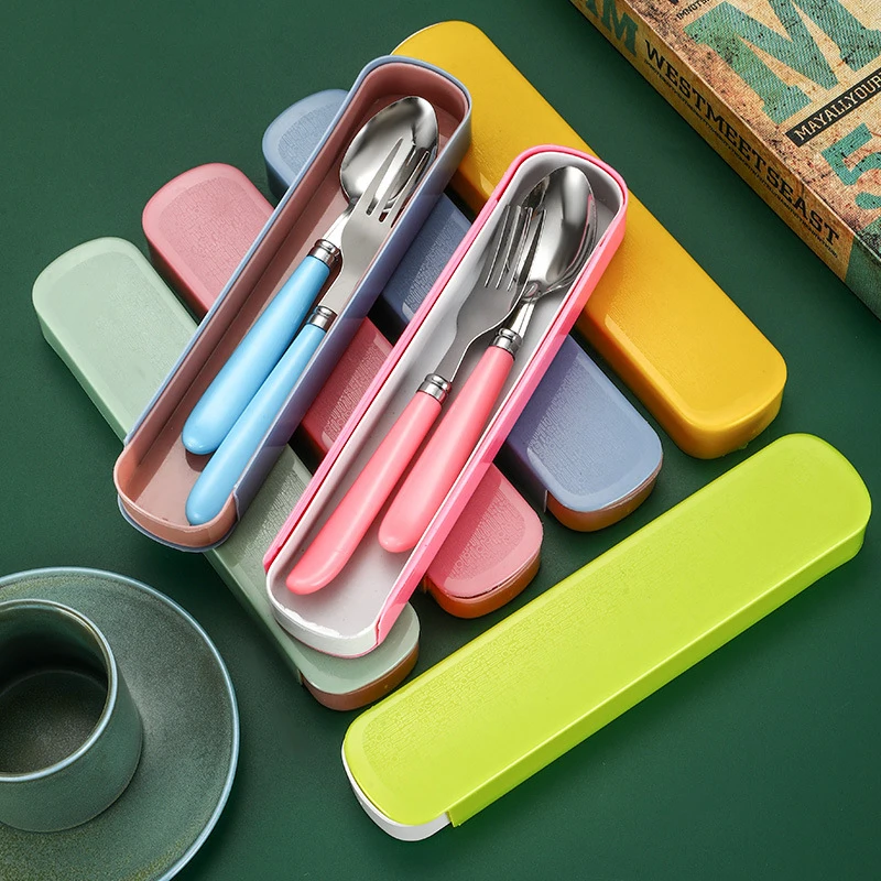Cutlery Set 2Pcs/Set Portable Spoon Fork Combination Travel Tableware Stainless Steel With Box For Kid School