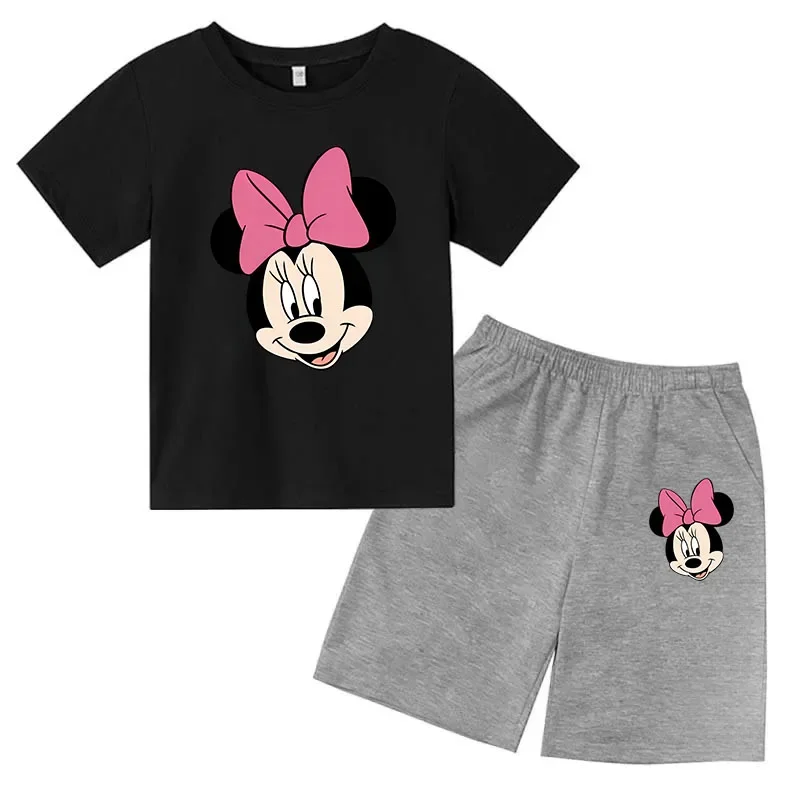 Conjunto de camisetas y pantalones cortos de verano con estampado de Mickey para niños y adolescentes de 2 a 14 años, camisetas informales de manga corta y cuello redondo, 2 piezas