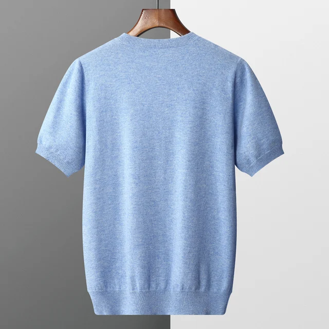 Spring/Summer New Men's Short Sleeved 100% Pure Wool T-Shirt Sweater O-neck Solid Color Loose Knit Pullover Business Casual Top 2
