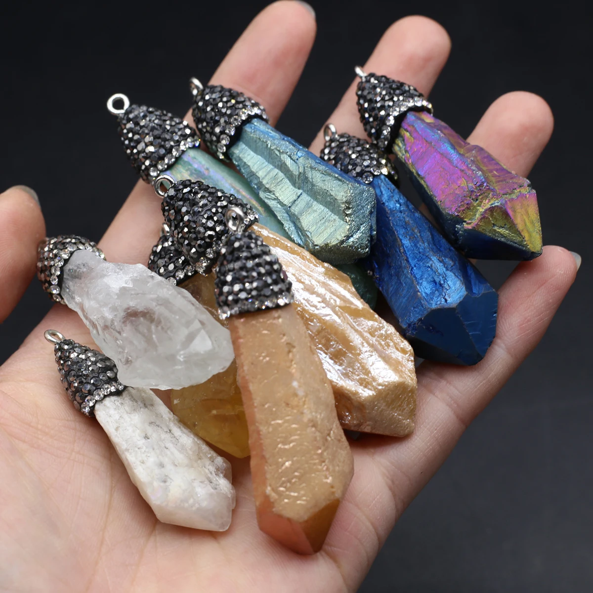 7PCS Natural Semiprecious Crystal Column Electroplated Color Irregular Shape Pendant Jewelry Making DIY Necklace Earrings