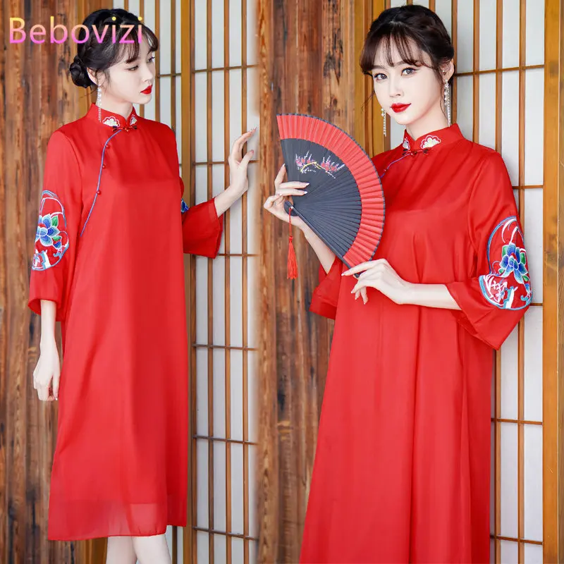 2022 Chinese Style Spring New Traditional Embroidered Cheongsam Women Clothing Retro Qipao Dress Plus Size 4XL