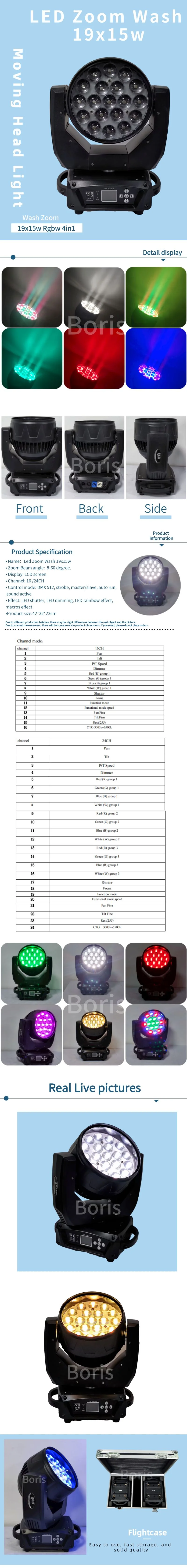Description Picture 3 of itemNo tax Zoom Lyre Wash Dmx512 19X15W Led Wash Zoom Rgbw Moving Head Light Stage Spotlight For Dj Lights Nightclub Disco