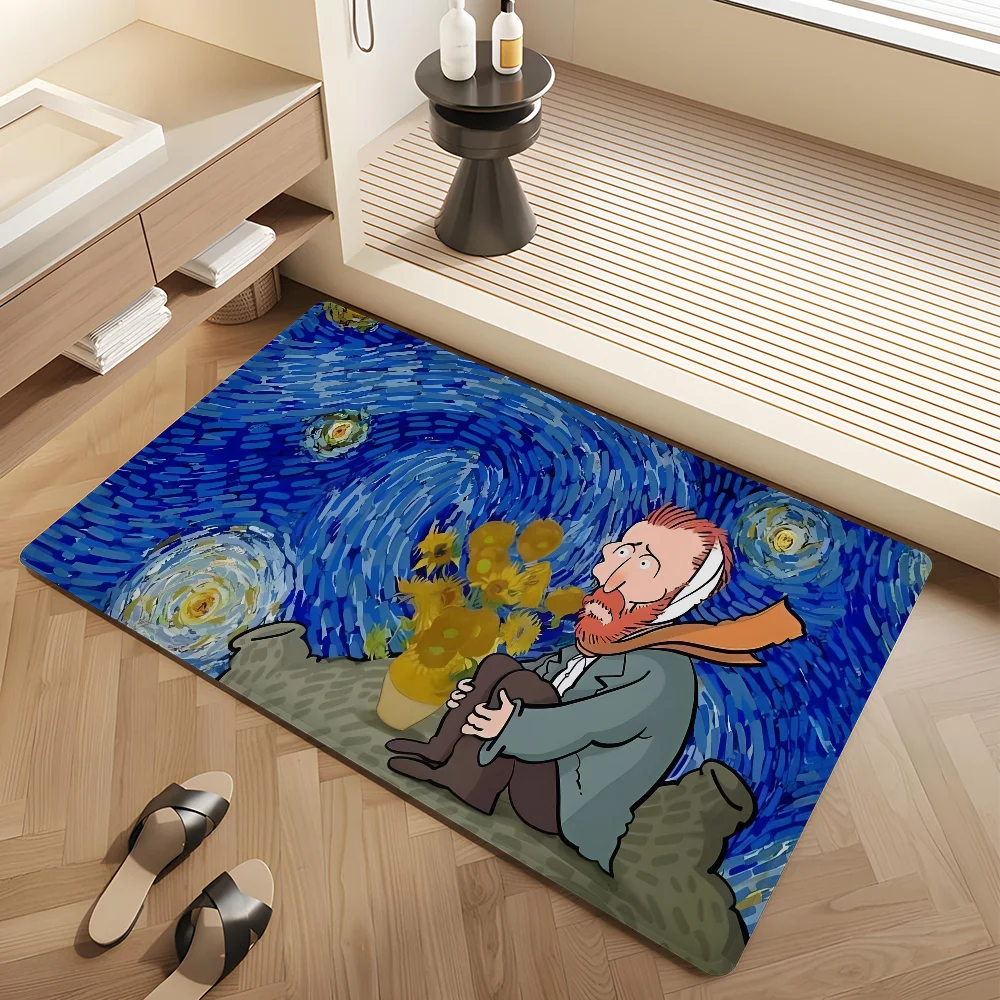 Cartoon Van Gogh Hallway Carpet Non-Slip Laundry Room Mat Laundry Decor Balcony Child Living Room Toilet Rug 3