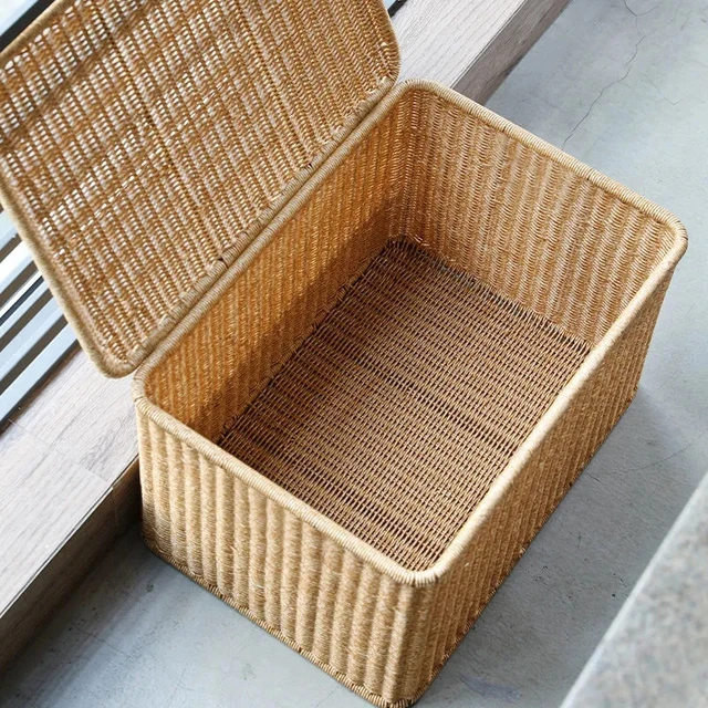 Cesta de Almacenamiento Tejida de Mimbre, Rectangular Canasta de lavandería  organizadora de Mimbre Caja de joyería con Tapa y Bloqueo