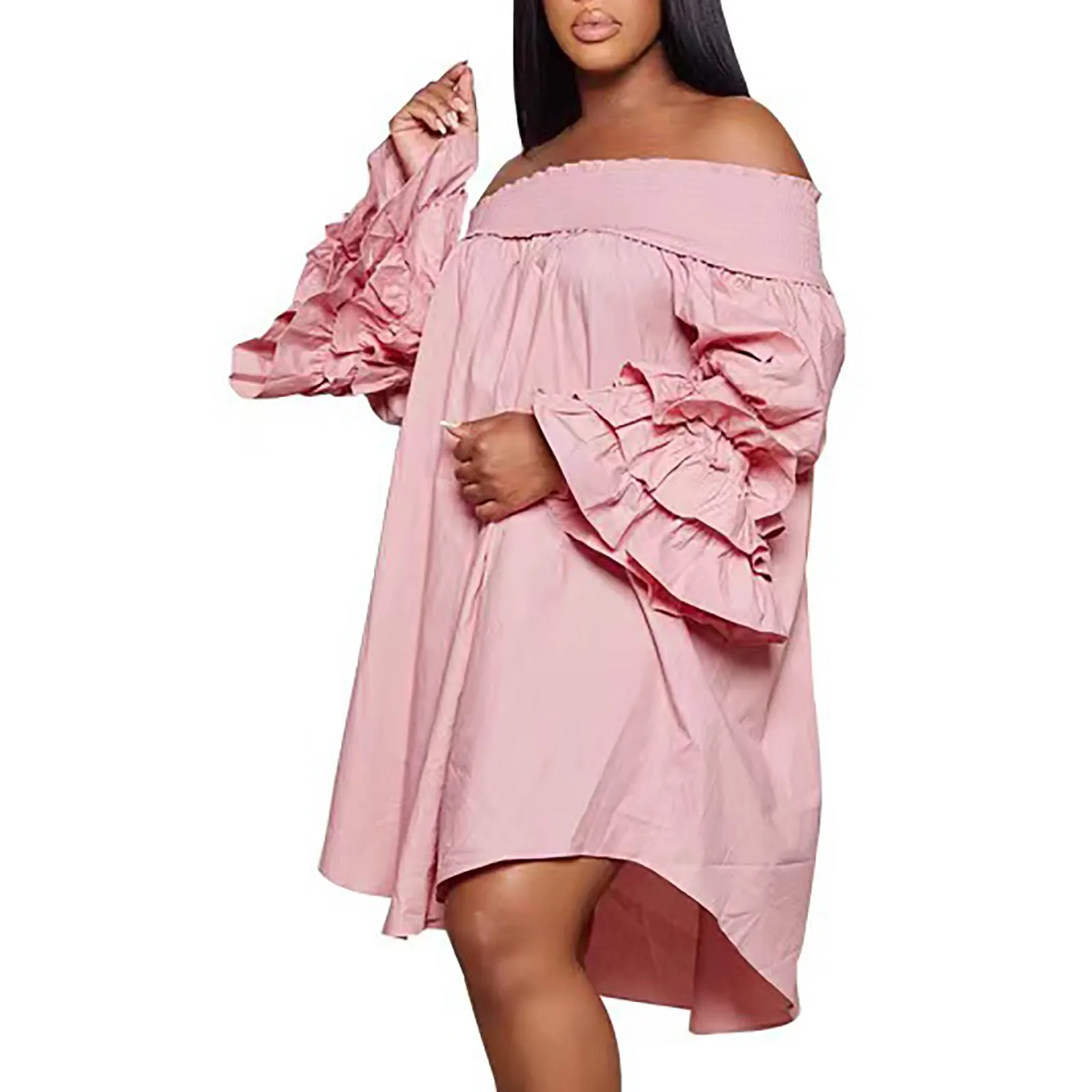 

Chic Women Cascading Ruffles Petal Off Shoulder Long Sleeve Smock Dress 2024 Big Swing Summer Loose Blouse Sundress Vestidos