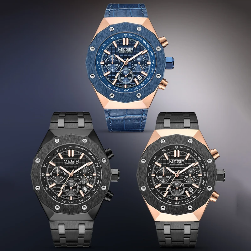 Montre-bracelet à quartz chronographe de luxe pour homme, marque MEGIR, boîtier polygonal, mode décontractée, affaires, cadeau masculin, avec date automatique_voghion.com
