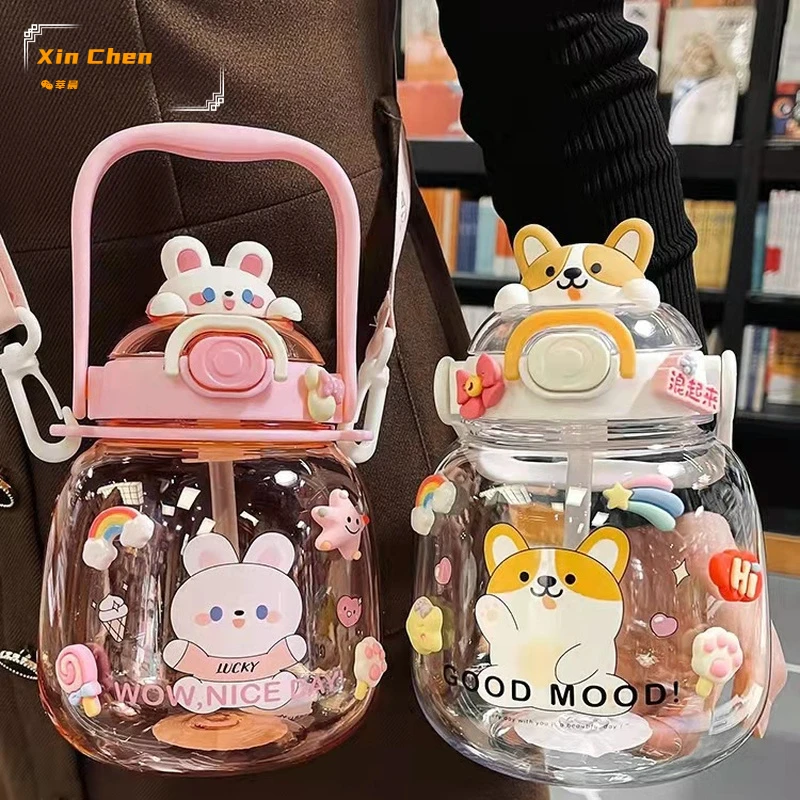 

1300ml Cute Water Bottle with Strap for Girls Kawaii Tumbler with Straw for Children Transparent Plastic Sport Juice Drinkware